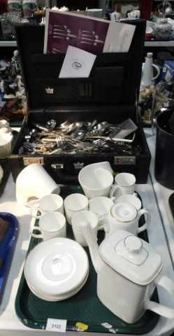 A Wedgwood pattern coffee service, including coffee pot, small pot with lid, saucers, cups, and...