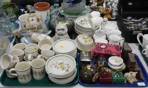 Ceramics and household items, including bookends, small lidded pots, owl figures, a part tea...