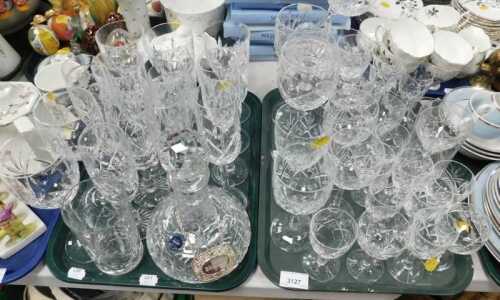 Glassware, to include Stewart crystal decanter with brandy label, tumblers, wine glasses, small...