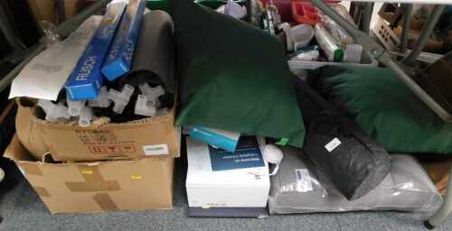 Miscellaneous household items, to include cushions, bed roll, a stacking set of Rusch shelving,...