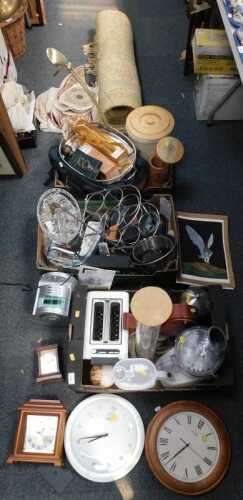 Miscellaneous household items, to include a circular wall clock, Tupperware, ceramics, cookware,...