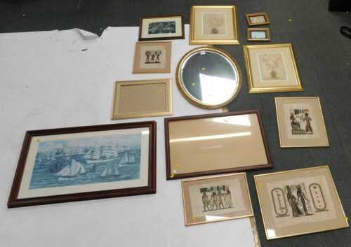 Pictures, prints and mirrors, to include a bevelled oval gilt framed mirror, further framed...