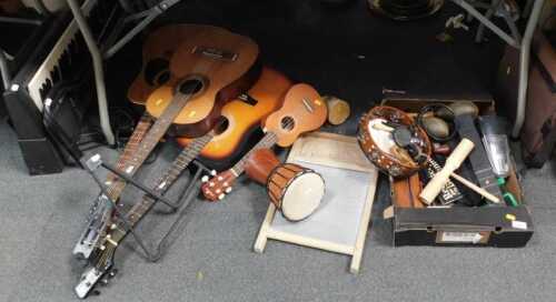 Musical interest. Three Spanish guitars, ukulele, two small bongo drums, washboard, metronome,...