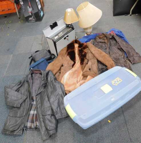 Household items, including two table lamps, a household filing management system, bags, coats, a...