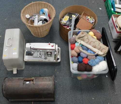 Miscellaneous household items, to include two sewing machines, one electric, one hand wound, a...