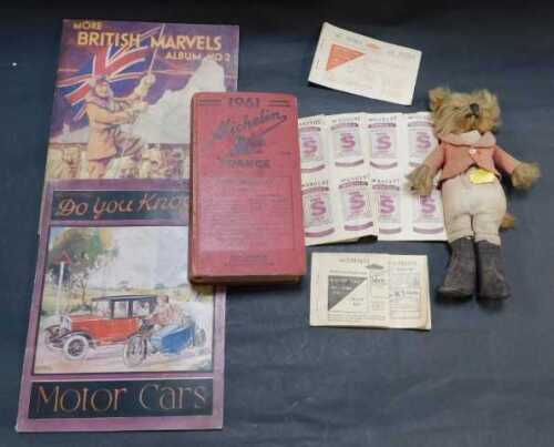 A mohair fox soft toy, wearing hunting attire, 24cm high, a copy of 1961 Michelin France, other...
