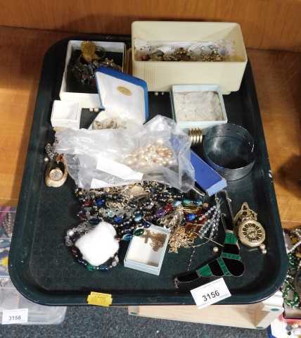 Costume jewellery, to include beaded necklaces, neck chains, pocket watch, a stone set silver...