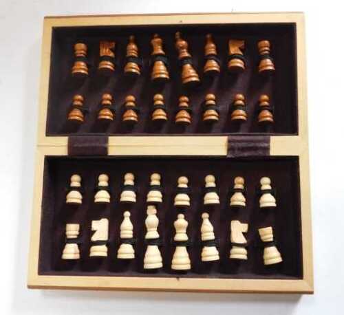 A Playtive wooden travelling chess set, 30cm wide.