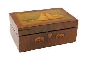A Victorian Trinity House inlaid figured walnut writing slope, the lid with a marquetry inlaid...