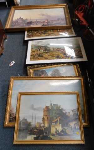 Pictures, prints, etc., to include 18thC style tavern scenes, after Kandinsky, study of figures...