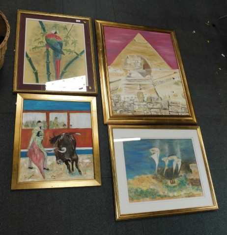 Pictures and prints, to include a watercolour representation of a parrot, an Egyptian scene,...