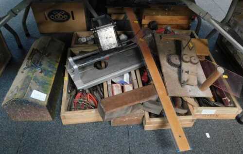 Tools, to include plane, toolbox, tile cutter, various hand tools. (content under 1 table)