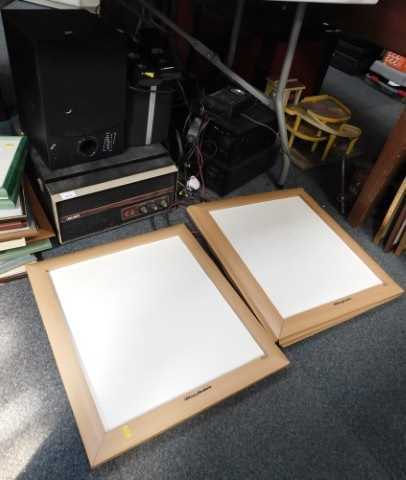 Electrical and audio equipment, to include a pair of Wharfedale wall speakers, within frames, a...