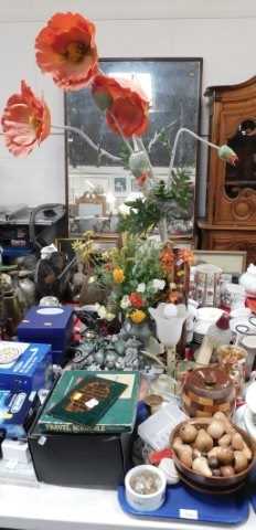 Assorted household items, to include table lamps, a large wooden biscuit barrel with lid, fruit...