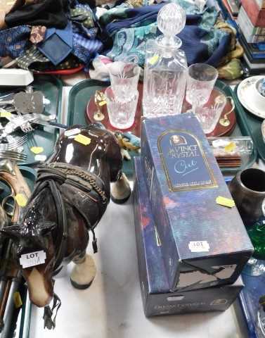 Household items, to include ceramic carthorse, Da Vinci crystal vase and two brandy glasses,...