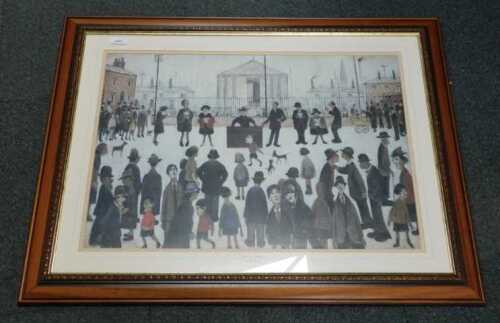 An L S Lowry print of The Prayer Meeting, framed and glazed.