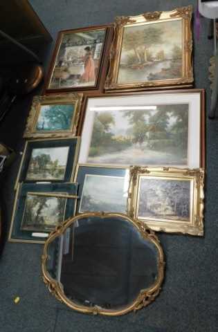 Pictures, prints and mirrors, to include landscapes, still life, portraits, a gilt framed mirror,...