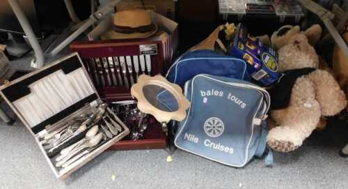 Household items, to include bags, soft toys, canteens of cutlery, box containing hats, a triple...