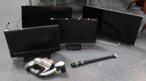 A G-Tech vacuum cleaner, and four flat screen TVs, including a Sony, model KDL-22S5500, a Sony...