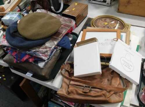 Household items, to include clothing, RAF and an army beret, gloves, shirts, bags, pictures, and...