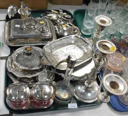 Silver plated items, to include a three sconce candelabra, vinegar jar, serving dishes, coasters,...