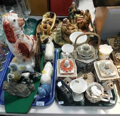 Ceramics, to in include a large Staffordshire style Spaniel, sheep, a glass elephant dump weight,...