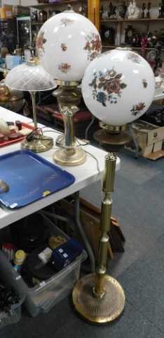 Lighting, to include three table lamps, and one standard lamp, all with glass shades.