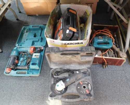 Tools, to include a Makita drill, in case, a Black and Decker 600w drill, in case, a Black and...