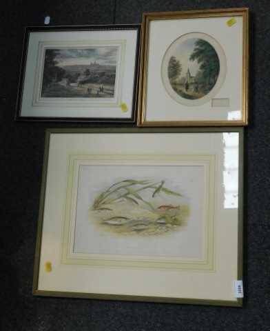Pictures and prints, comprising two landscapes, and a print of Stickleback fish, framed and glazed.