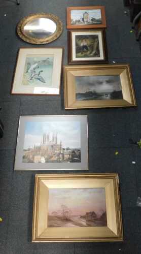 Pictures and prints, to include landscapes, portraits, and a circular gilt framed mirror. (7)