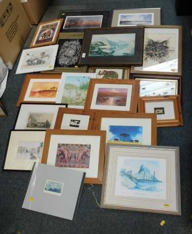 Pictures and prints, to include cat portrait, landscapes, still life, etc.