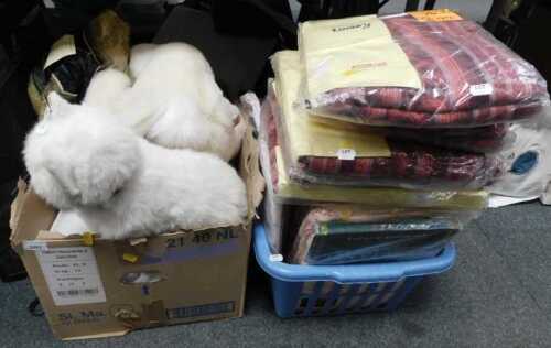 Textiles, to include sheets, blankets, etc., all in packets, soft toys, etc. (2 boxes, contents...