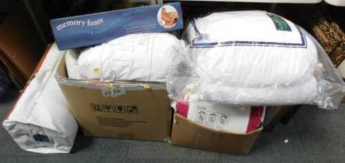 Bedding, to include duvets, pillows, etc. (2 boxes and loose, contents under 1 table)