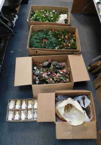 Christmas decorations, to include angels, tinsel, baubles, etc. (4 boxes, contents under 1 table)