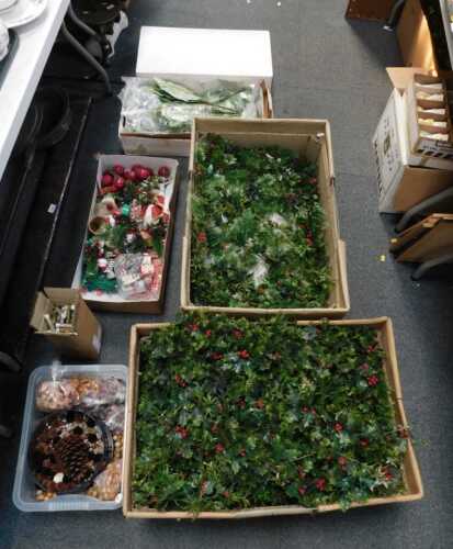 Christmas decorations, to include large pine cones, hanging baubles, ivy, plastic, baubles, etc....
