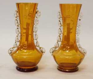 A pair of Victorian amber glass vases, with crimped glass ornamentation, and painted with Mary... - 2