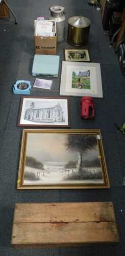 Pictures, prints and household items, to include four pictures, table mirror, manual typewriter,...