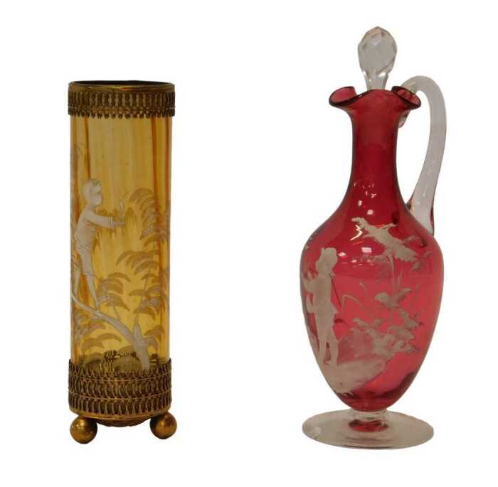 A Victorian cylindrical amber glass vase, with gilt metal mounts and Mary Gregory style painting...