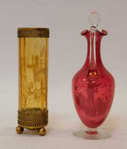 A Victorian cylindrical amber glass vase, with gilt metal mounts and Mary Gregory style painting... - 2