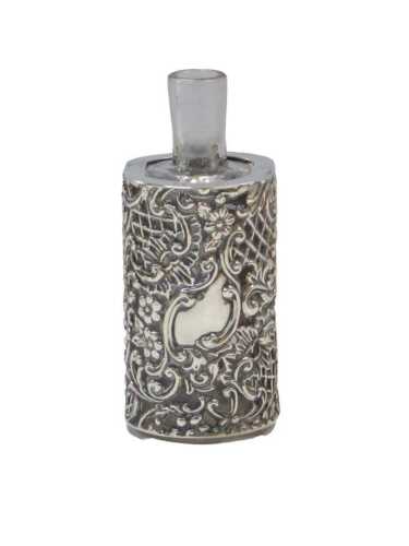 A late Victorian glass scent bottle, with a pierced silver sleeve, decorated with flowers,...