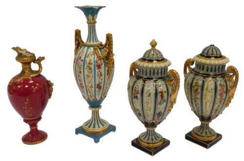 A group of Continental porcelain, comprising a pair of Royal Rudolstadt twin handled vases and...
