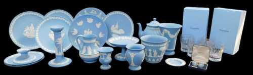 A group of Wedgwood blue Jasperware, to include a teapot, candlestick, cufflinks, Christmas...