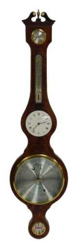 A Comitti of London mahogany and line inlaid wheel barometer, with a circular silvered dial, dry...