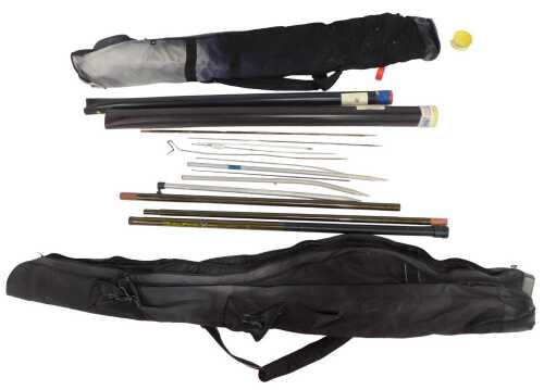 A Team Daiwa rod bag, another rod bag, a Shakespeare Alpha X 7m Put-In pole and Top Kit, various...
