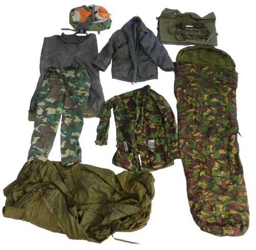 Various fishing related clothing, including waterproofs, camouflage clothing, etc, unhooking mat,...