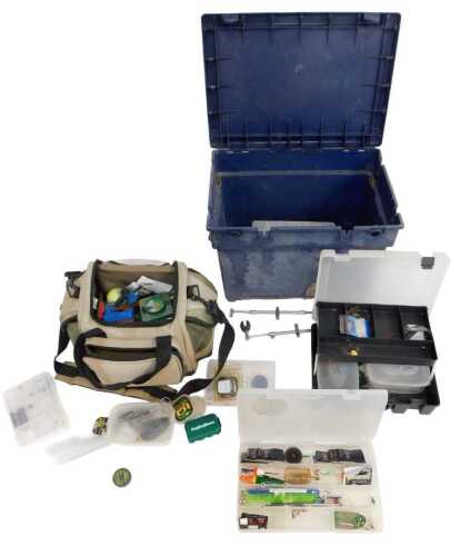 A Crivit bag and various end tackle, including floats, bite alarms, shot, buzz bars, etc. (1 box)