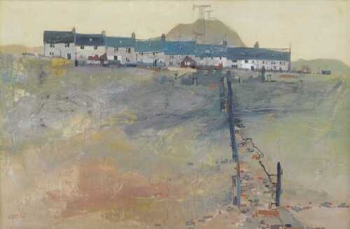 20thC School. A path before buildings, oil on canvas, indistinctly signed, 60cm x 89cm.