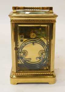 An early 20thC brass cased carriage clock, with an ivory porcelain dial having Arabic numerals,... - 4