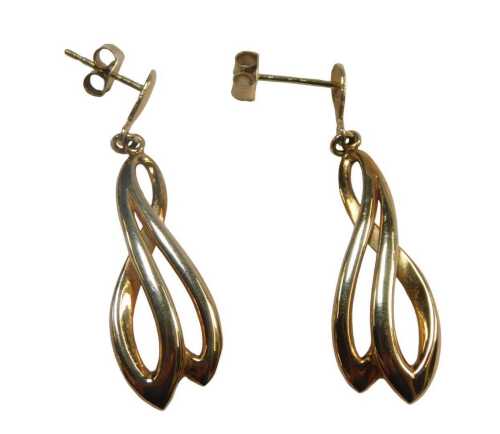 A pair of 9ct gold drop earrings, each of two sectional crossover design, on single pins with...