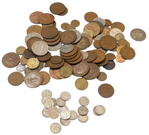Pre-decimal and world coinage, to include pennies, halfpennies, farthings, half crowns, some...